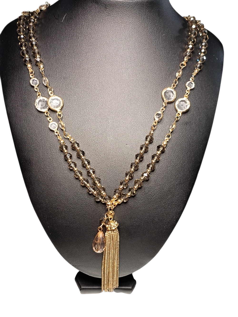 Gold Tone Tassel Flapper Style Double Strand Necklace With Smokey Beads
